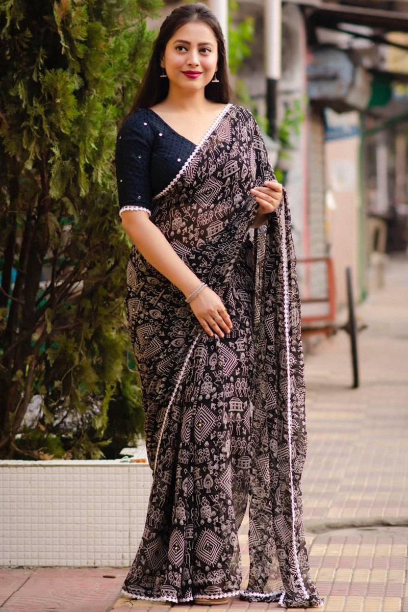 Prettiest Black Digital Printed Georgette Saree With Hypnotic Blouse Piece - thelotusfab