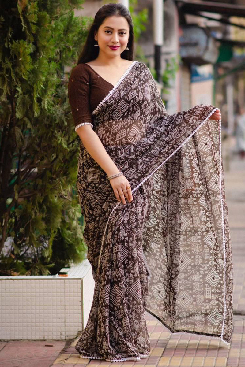 Beautiful Brown Digital Printed Georgette Saree With Capricious Blouse Piece - thelotusfab