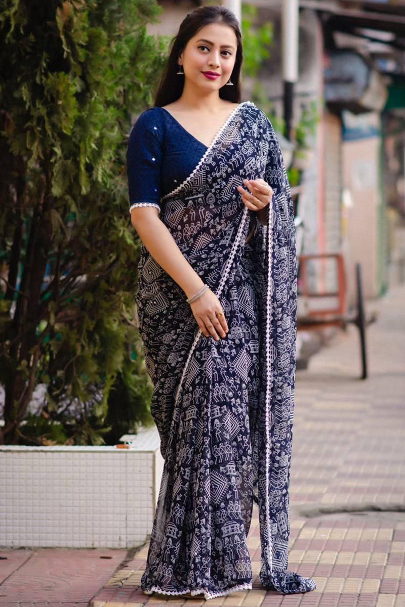 Energetic Navy Blue Digital Printed Georgette Saree With Amazing Blouse Piece - thelotusfab