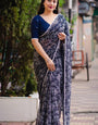 Energetic Navy Blue Digital Printed Georgette Saree With Amazing Blouse Piece