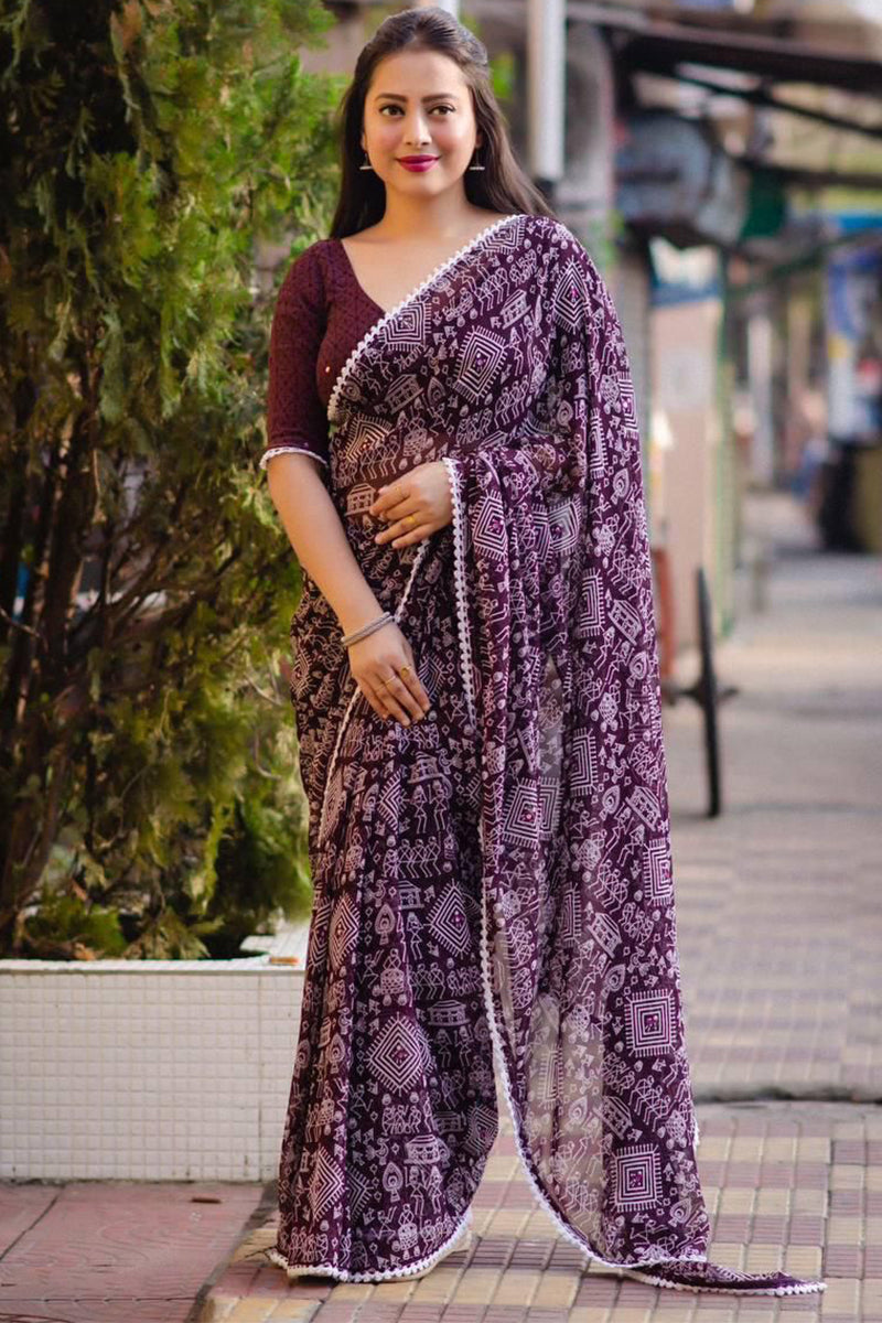 Glowing Purple Digital Printed Georgette Saree With Adorable Blouse Piece - thelotusfab