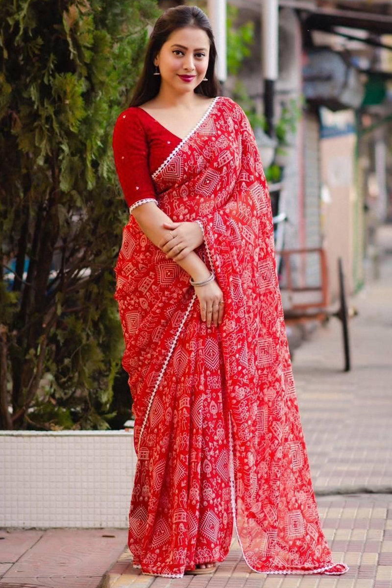 Twirling Red Digital Printed Georgette Saree With Adoring Blouse Piece - thelotusfab