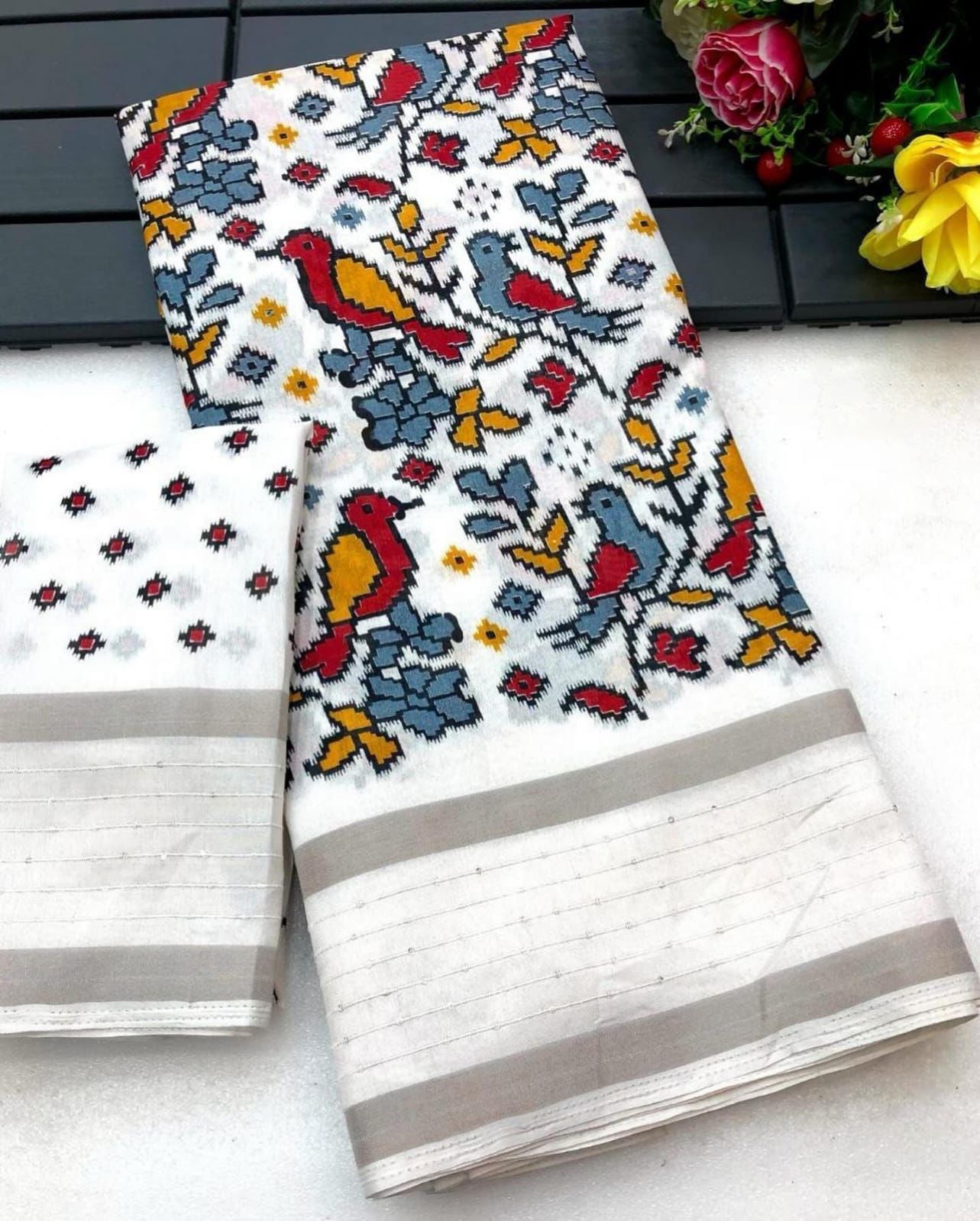 Trendy White Digital Printed Dola Silk Saree With Admirable Blouse Piece - thelotusfab