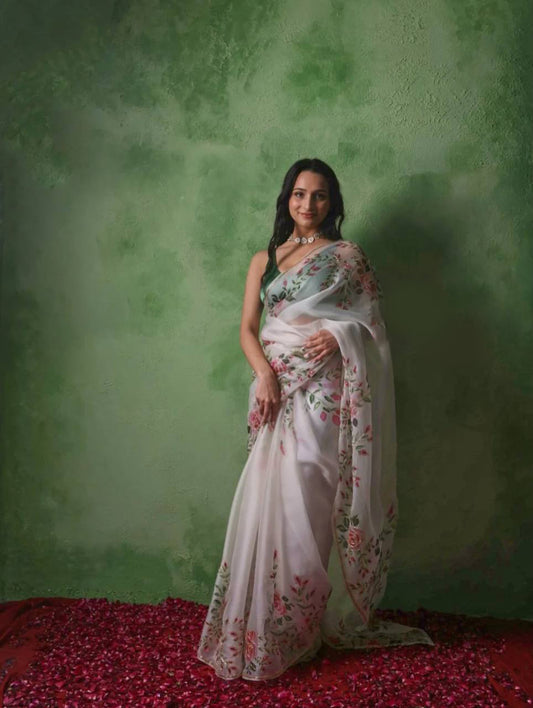 Divine Off White Organza Silk Printed Hand Work Saree