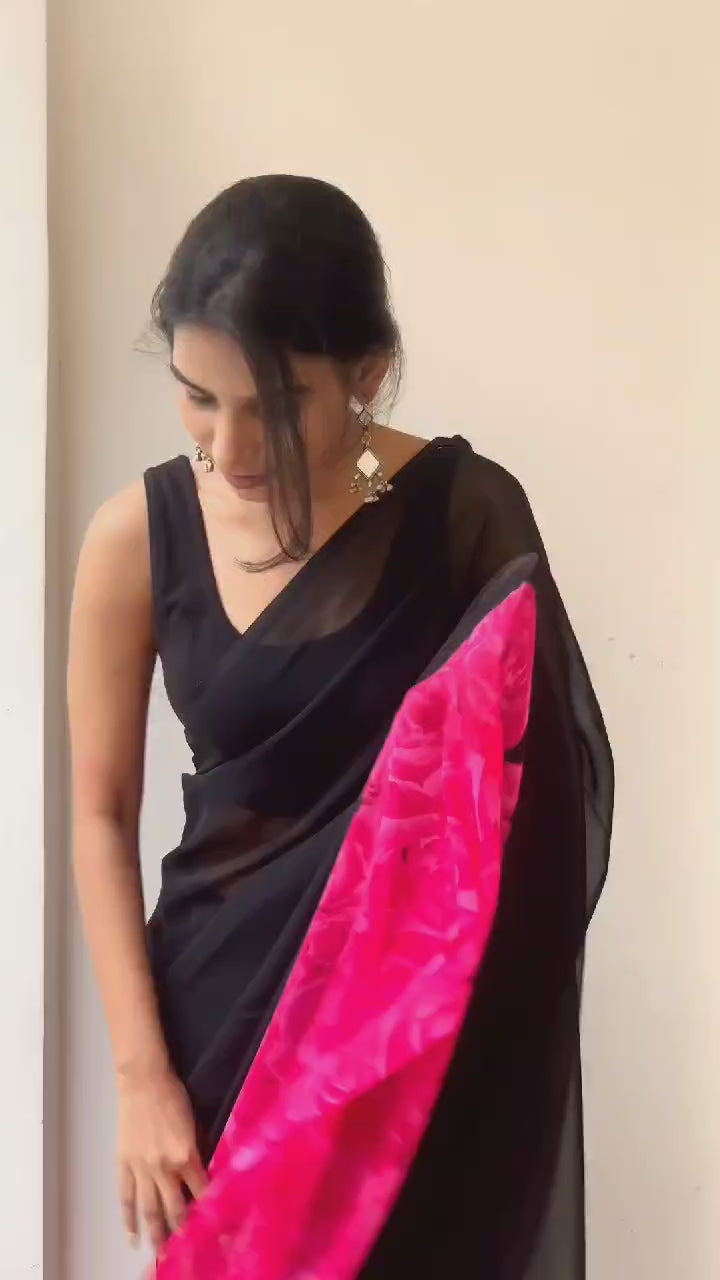 Mellifluous 1-Minute Ready To Wear Black Georgette Saree