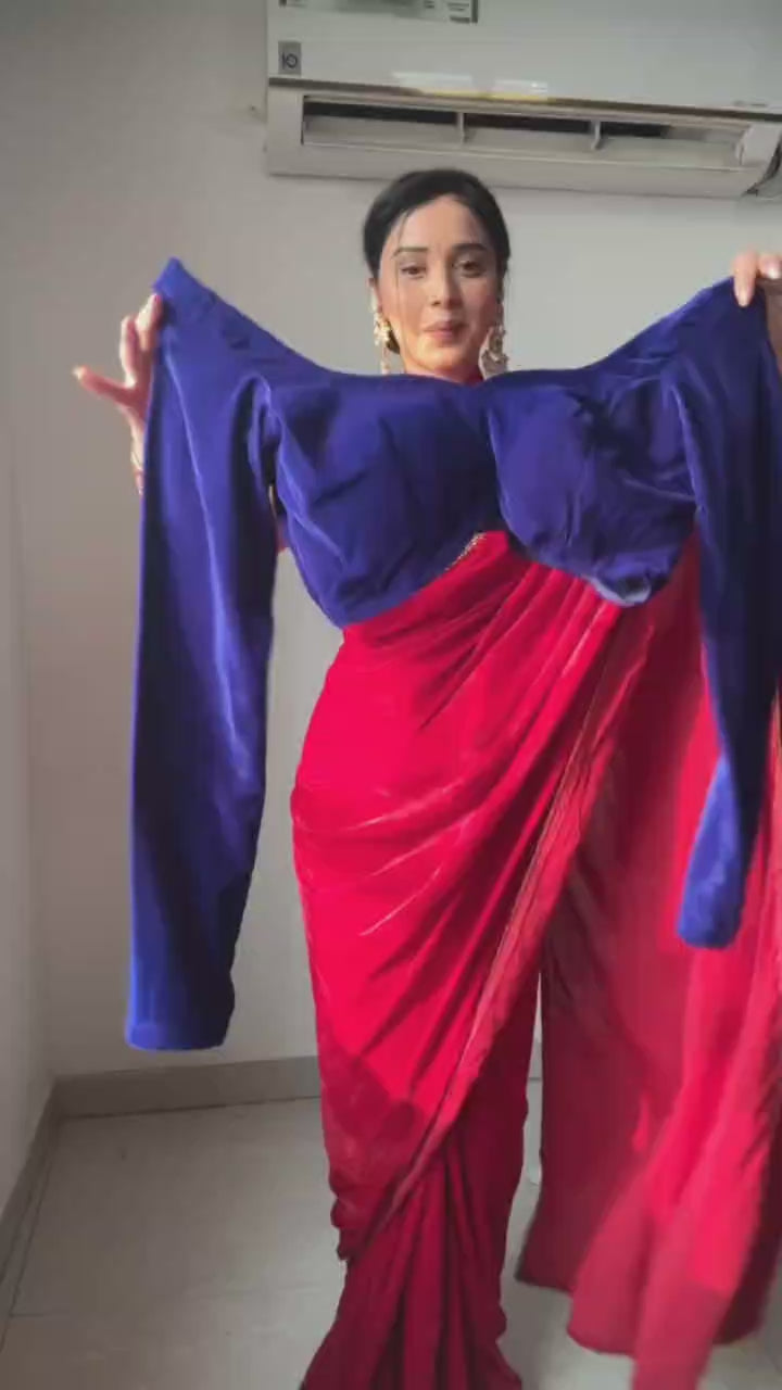 Whimsical Royal Blue 1 Minute Ready To Wear Velvet Saree With Blouse Piece