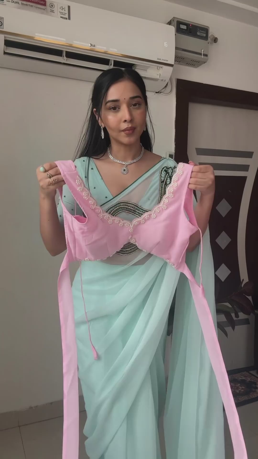 Dissemble 1-Minute Ready To Wear Pink Georgette Saree