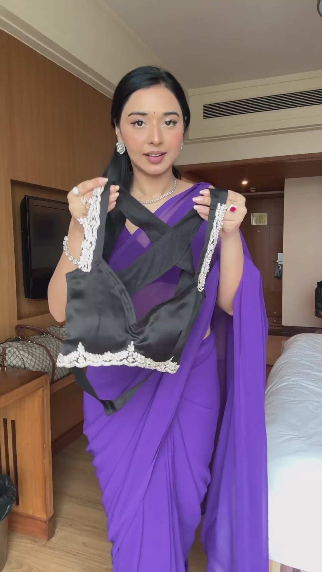 Lovely 1-Minute Ready To Wear Black Satin Silk Saree