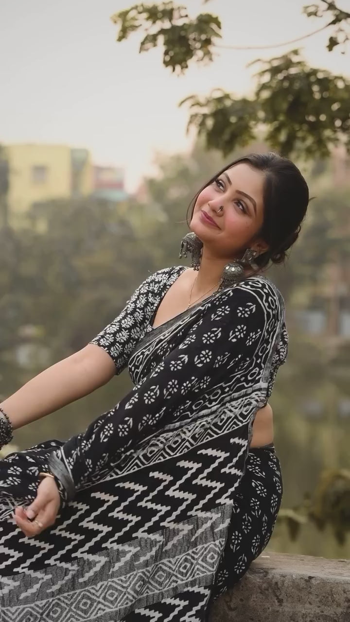 Luxuriant 1 Minute Ready To Wear Black Mul Cotton Digital Printed Saree