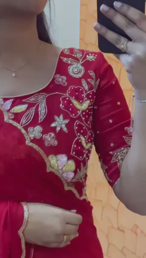 Beautiful 1-Minute Ready To Wear Red Georgette Saree