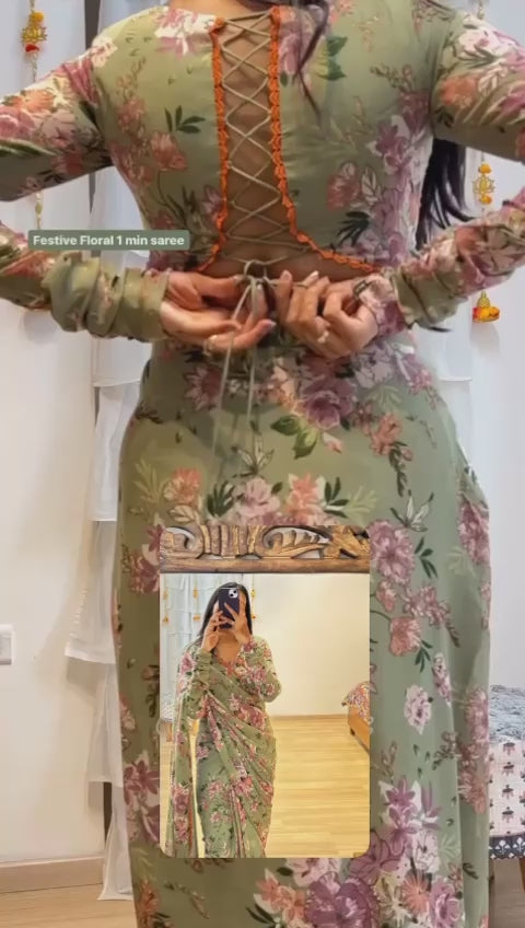 Pretty 1-Minute Ready To Wear Green Georgette Saree