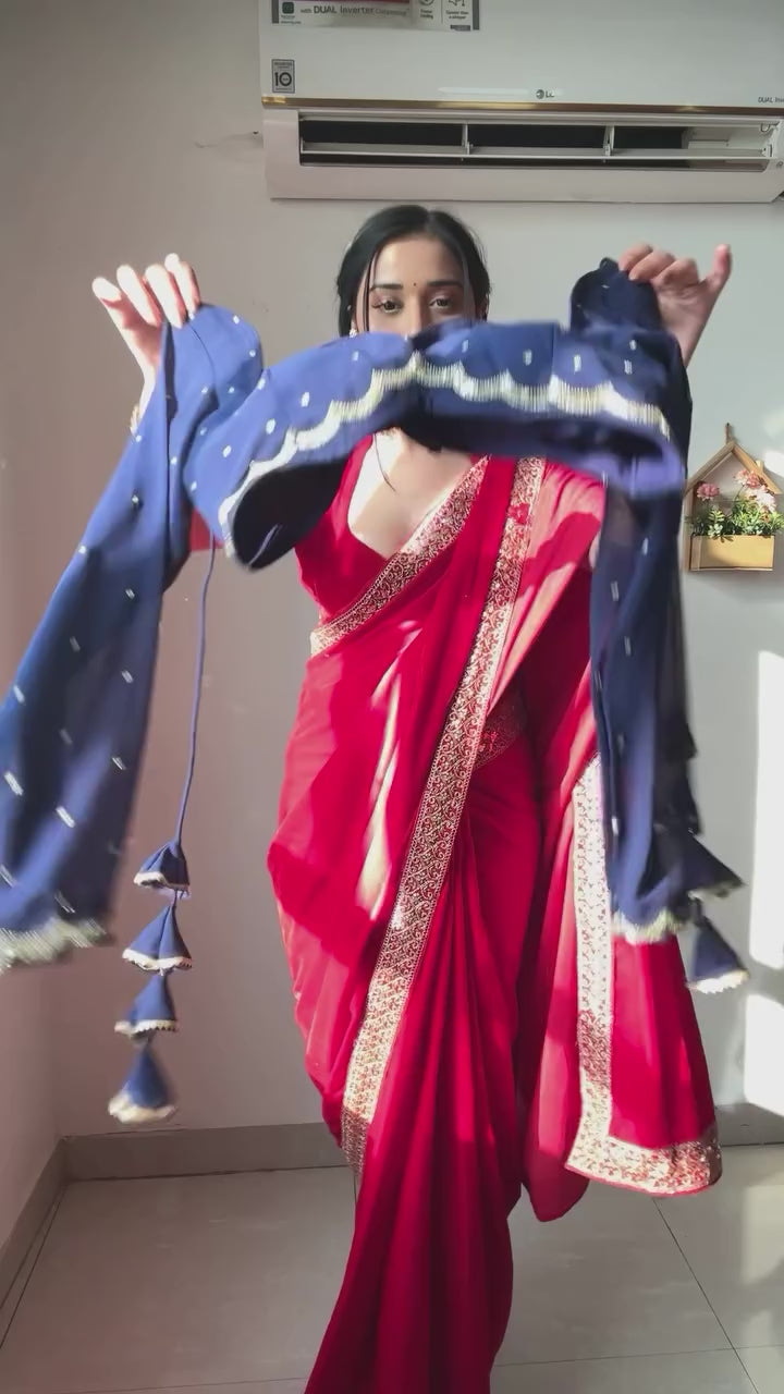 Angelic 1-Minute Ready To Wear Navy Blue Georgette Saree