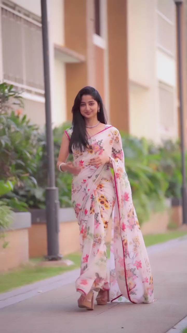 Elegant 1-Minute Ready To Wear White Georgette Saree
