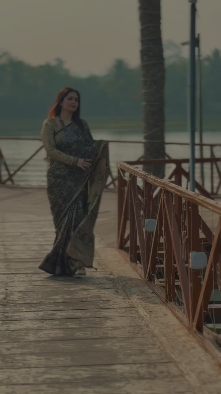 Gleaming Beige And Black 1 Minute Ready To Wear Digital Printed Crape Silk Saree