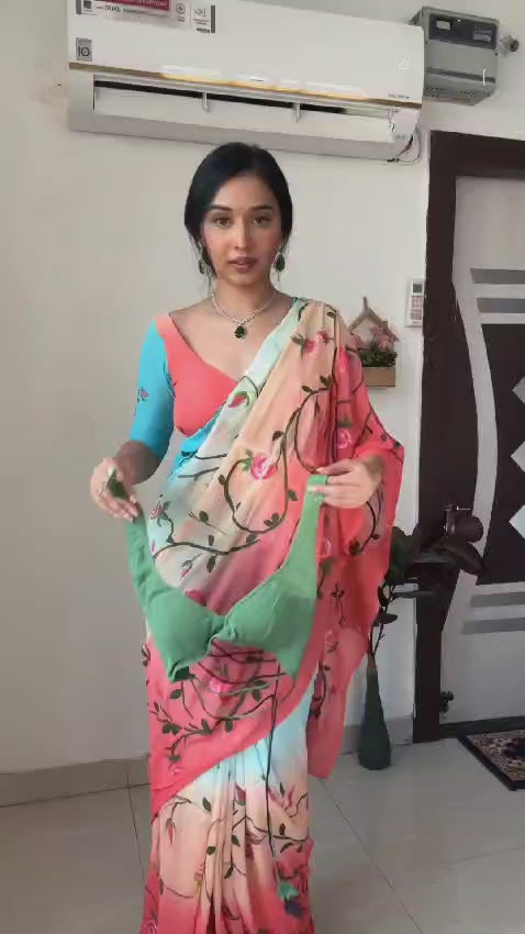 Epiphany 1-Minute Ready To Wear Green and Black Georgette Saree