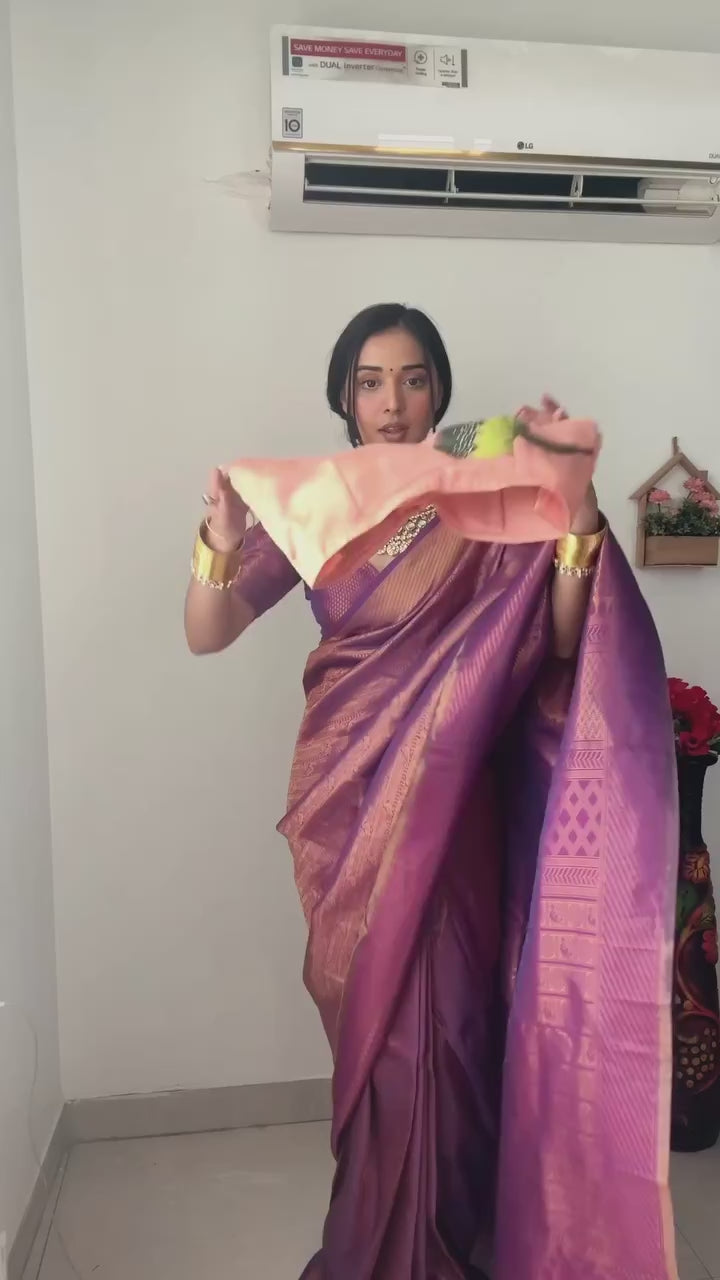 Imbrication 1-Minute Ready To Wear Peach Organza Silk Saree