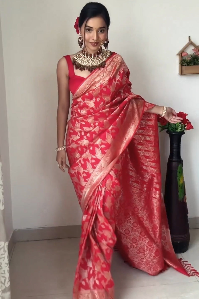 Murmurous 1-Minute Ready To Wear Red Soft Silk Saree - thelotusfab