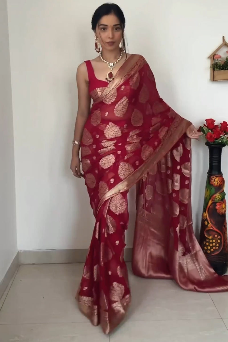 Excellent 1-Minute Ready To Wear Red Cotton Silk Saree - thelotusfab