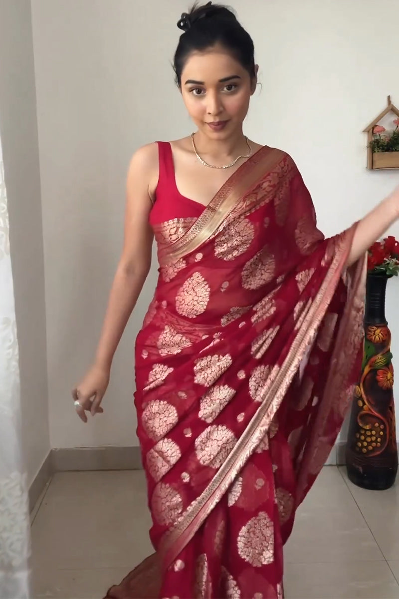 Excellent 1-Minute Ready To Wear Red Cotton Silk Saree - thelotusfab