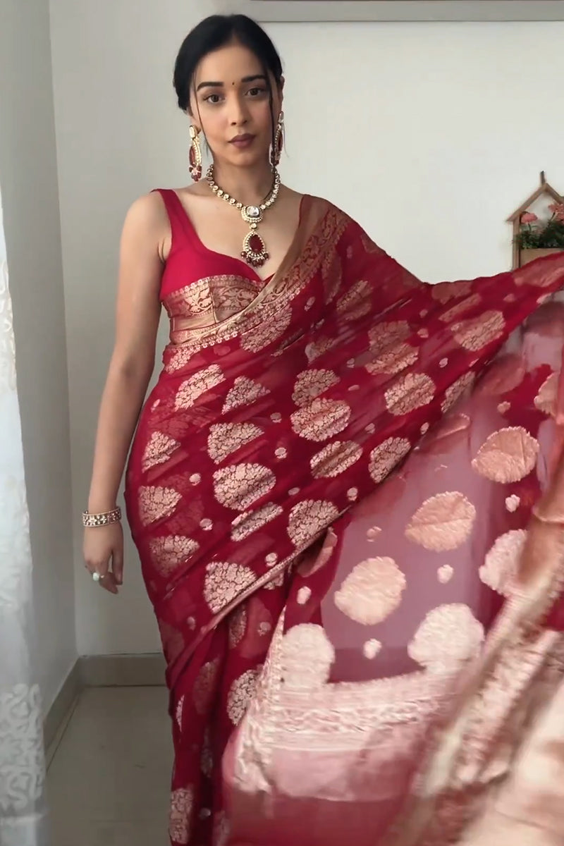 Excellent 1-Minute Ready To Wear Red Cotton Silk Saree - thelotusfab