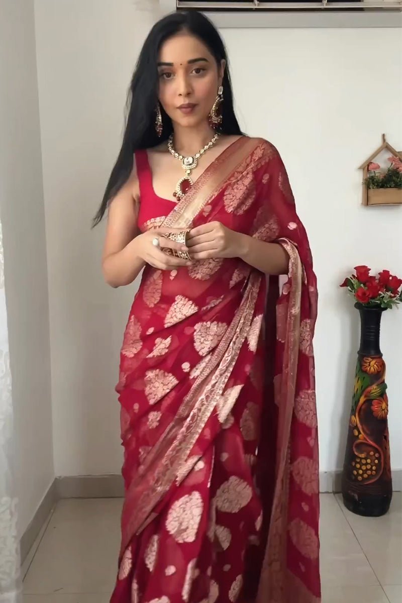 Excellent 1-Minute Ready To Wear Red Cotton Silk Saree - thelotusfab