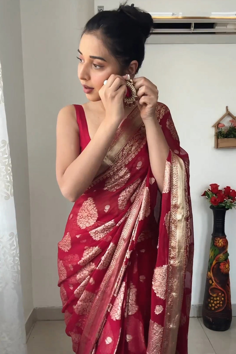 Excellent 1-Minute Ready To Wear Red Cotton Silk Saree - thelotusfab