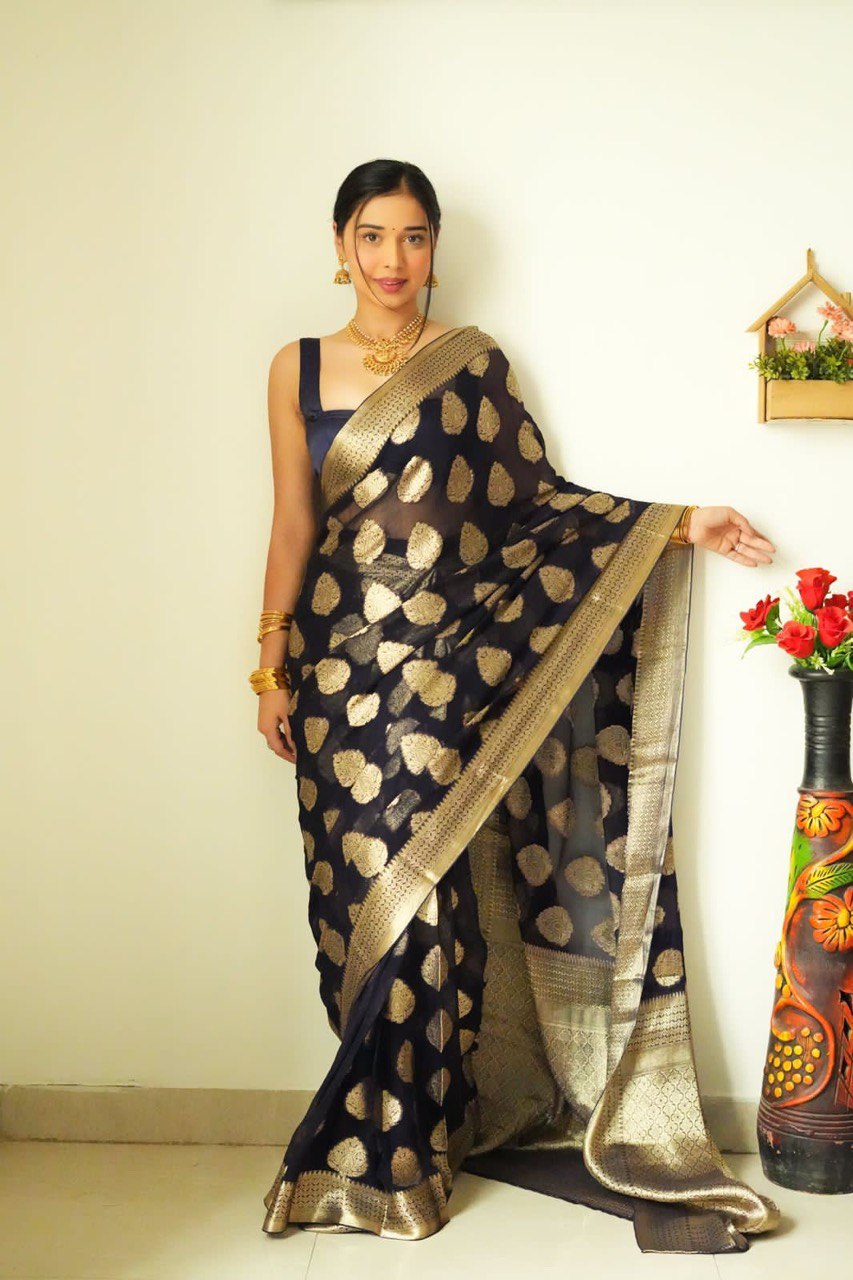 Magnetic 1-Minute Ready To Wear Black Cotton Silk Saree - thelotusfab