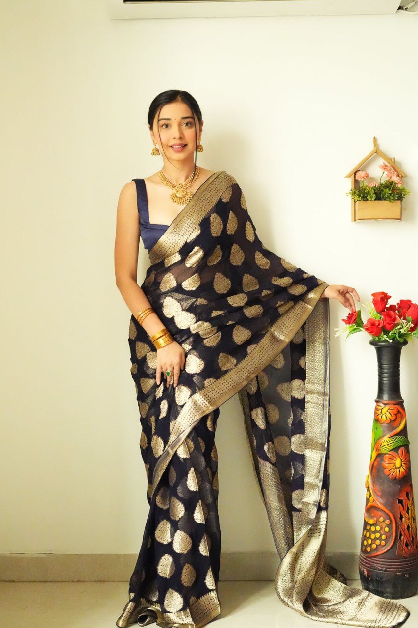 Magnetic 1-Minute Ready To Wear Black Cotton Silk Saree - thelotusfab