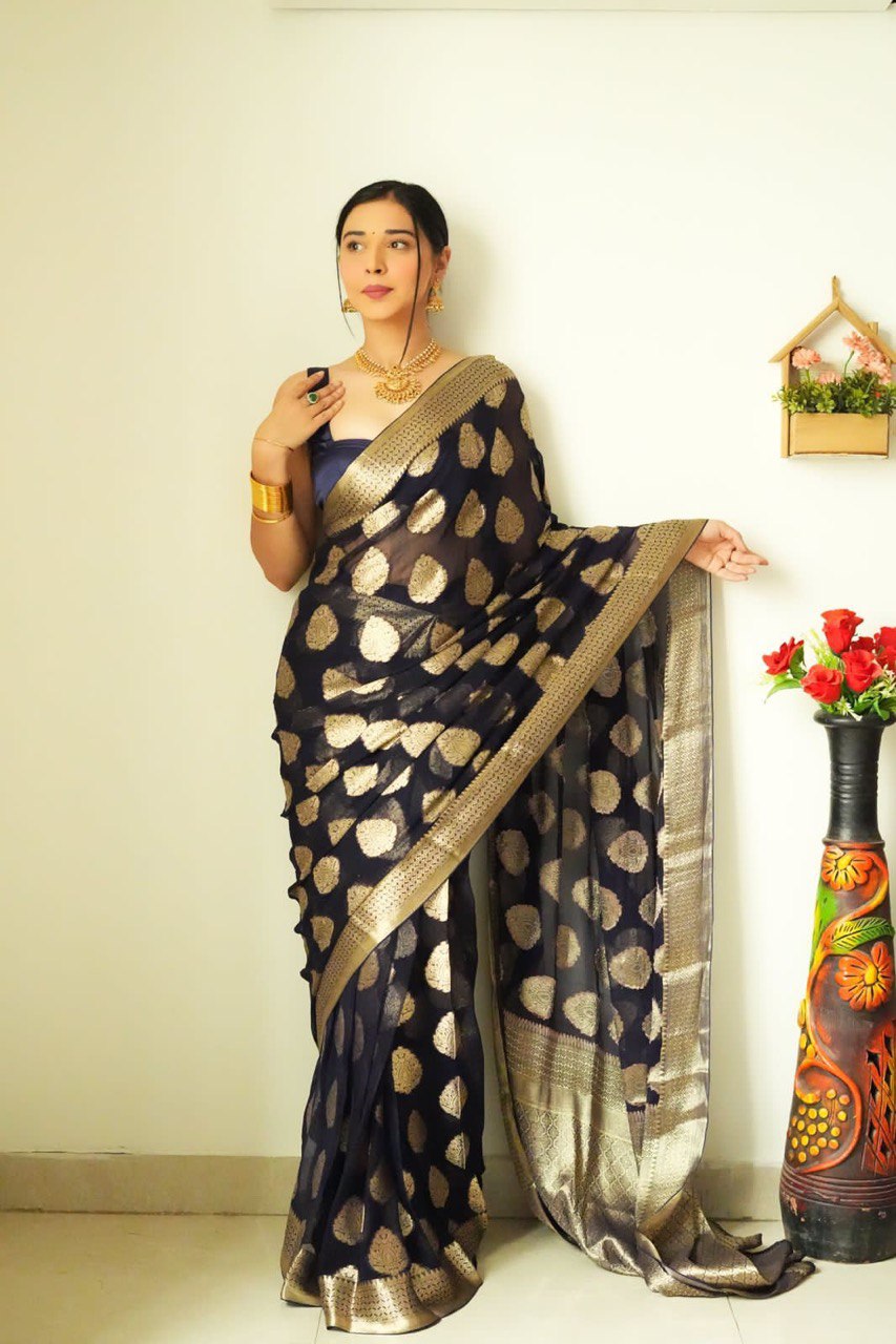 Magnetic 1-Minute Ready To Wear Black Cotton Silk Saree - thelotusfab