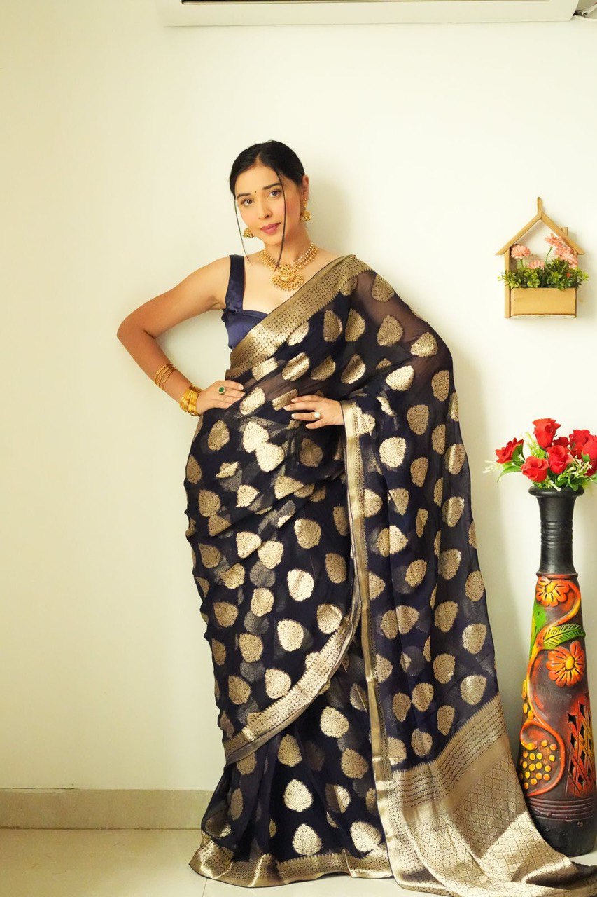 Magnetic 1-Minute Ready To Wear Black Cotton Silk Saree - thelotusfab