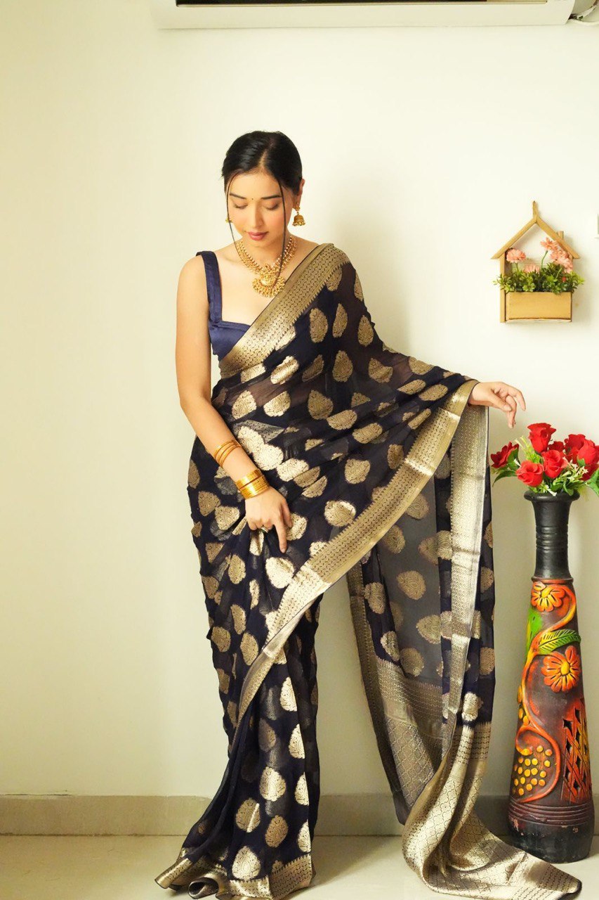 Magnetic 1-Minute Ready To Wear Black Cotton Silk Saree - thelotusfab