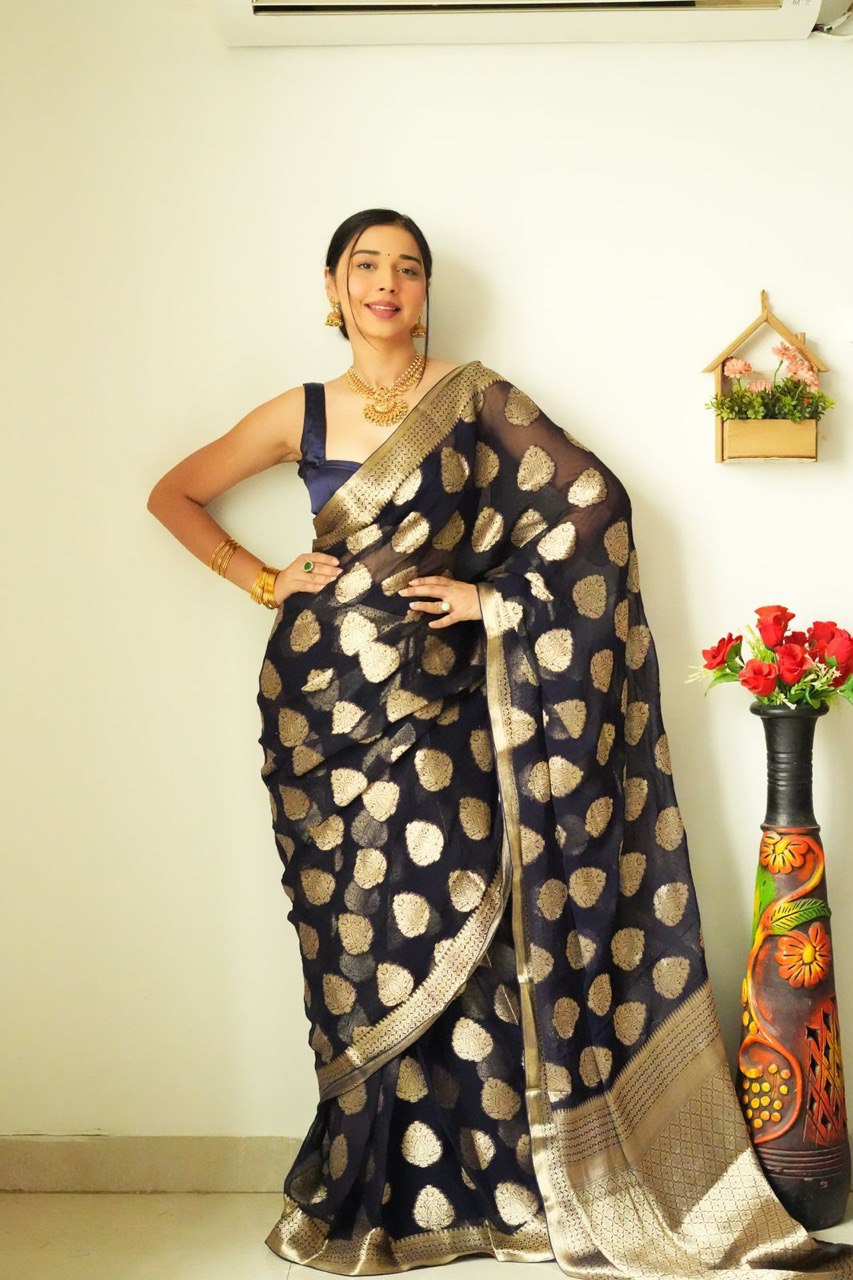 Magnetic 1-Minute Ready To Wear Black Cotton Silk Saree - thelotusfab