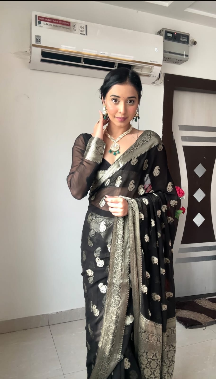 Beautiful 1-Minute Ready To Wear Black Cotton Silk Saree - thelotusfab