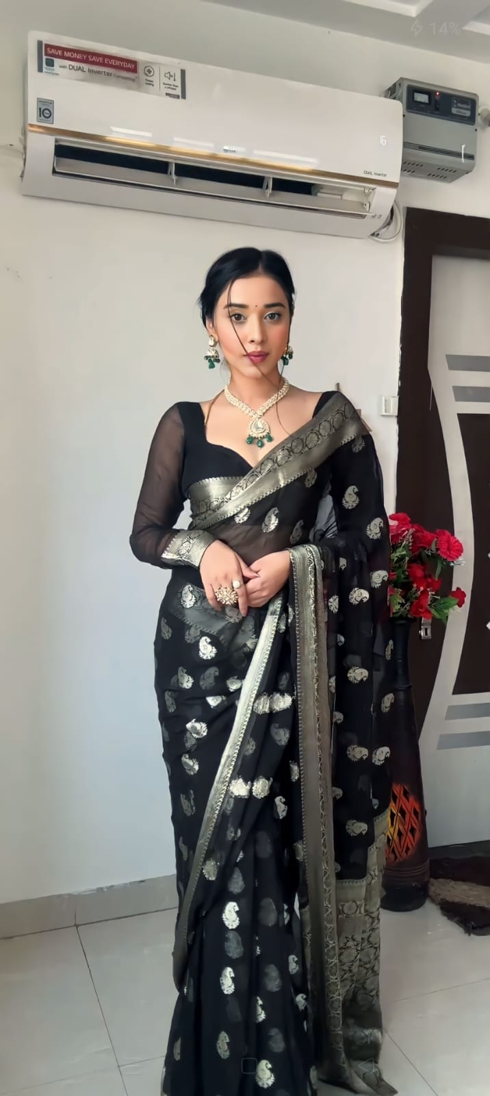 Beautiful 1-Minute Ready To Wear Black Cotton Silk Saree - thelotusfab