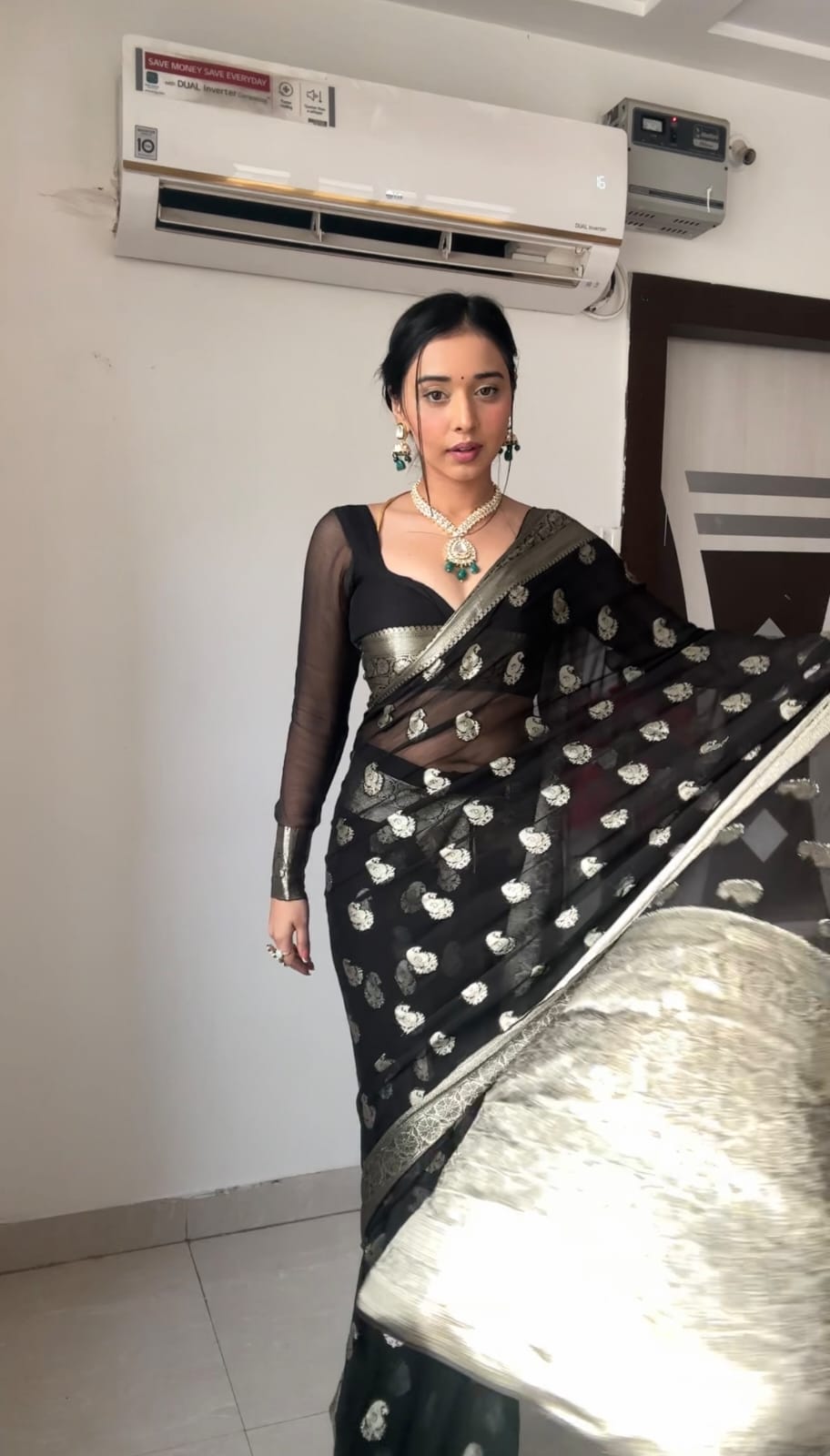 Beautiful 1-Minute Ready To Wear Black Cotton Silk Saree - thelotusfab