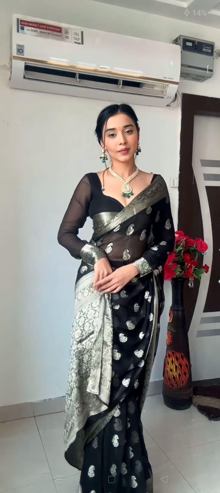 Beautiful 1-Minute Ready To Wear Black Cotton Silk Saree - thelotusfab