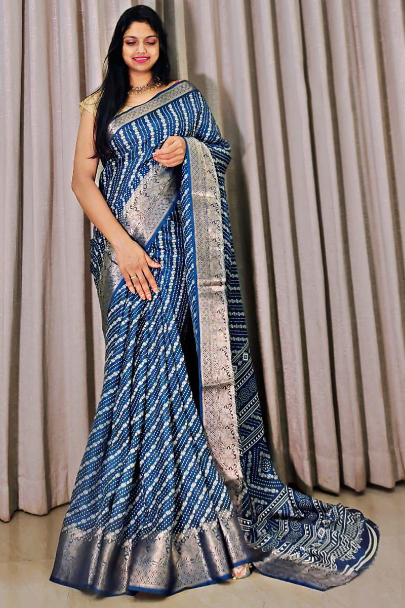 Delectable Rama Digital Printed Dola Silk Saree With Ebullience Blouse Piece - thelotusfab