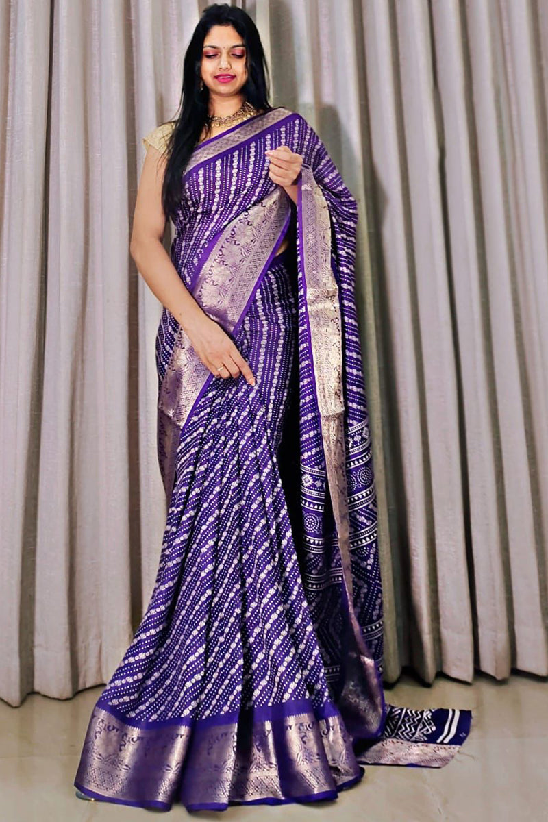 Devastating Royal Blue Digital Printed Dola Silk Saree With Surreptitious Blouse Piece - thelotusfab