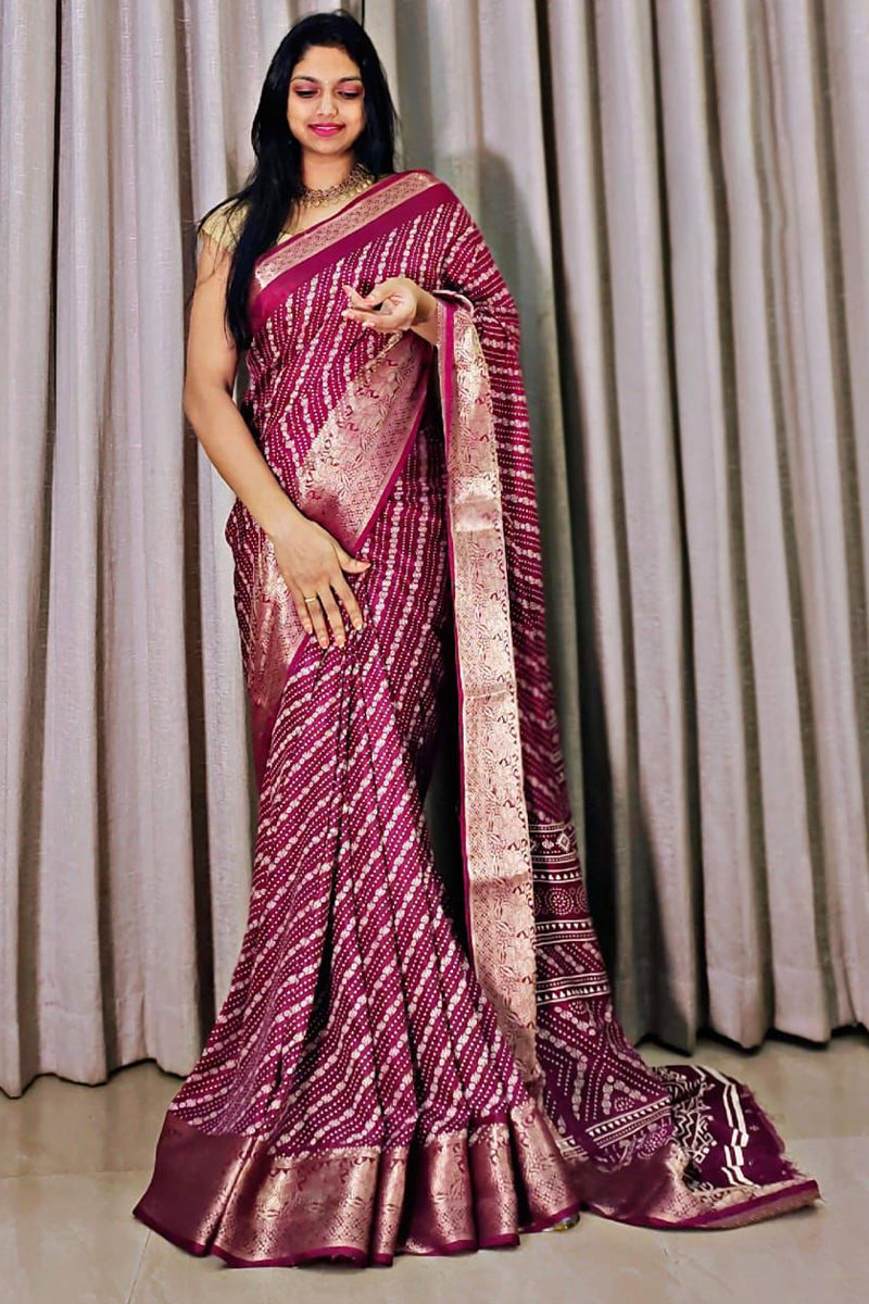 Denouement Wine Digital Printed Dola Silk Saree With Scrumptious Blouse Piece - thelotusfab