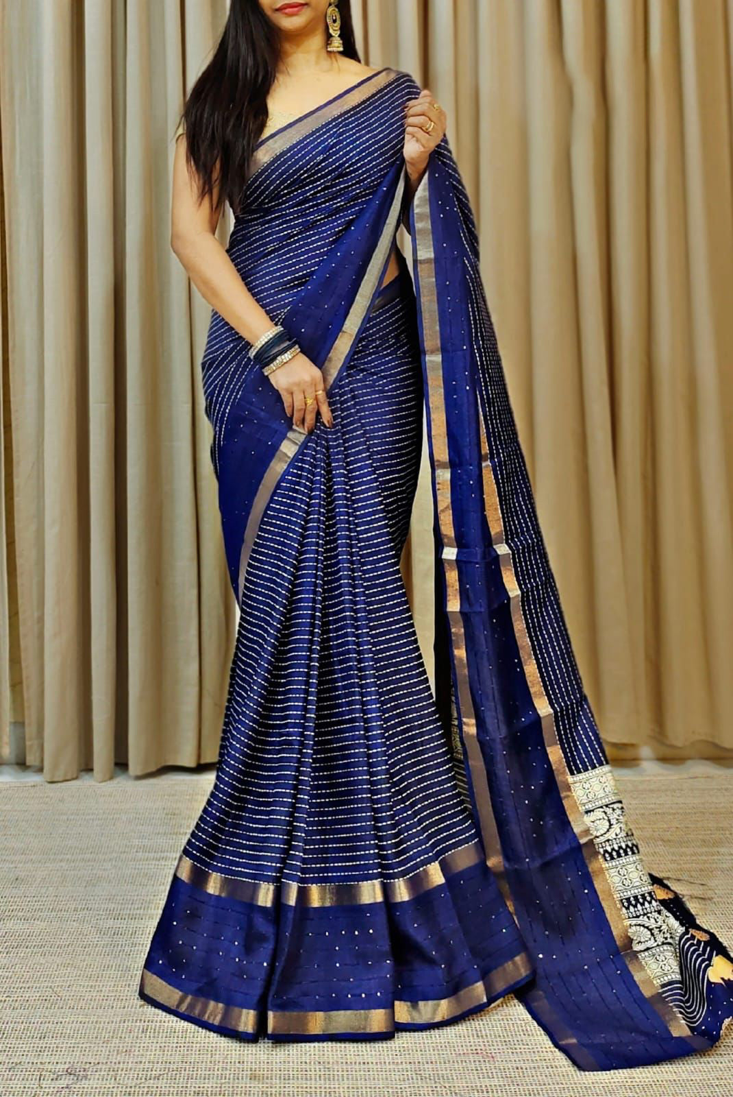 Pleasurable Navy Blue Digital Printed Dola Silk Saree With Surreptitious Blouse Piece - thelotusfab