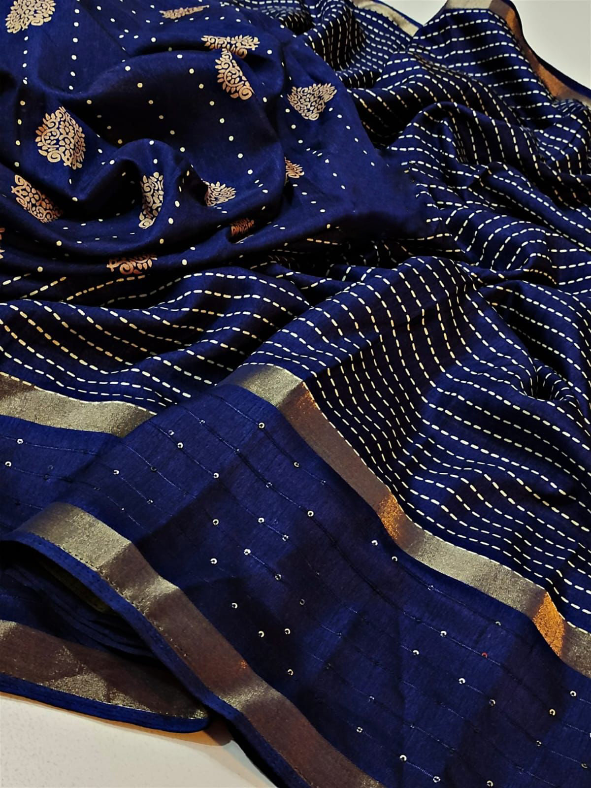 Pleasurable Navy Blue Digital Printed Dola Silk Saree With Surreptitious Blouse Piece - thelotusfab