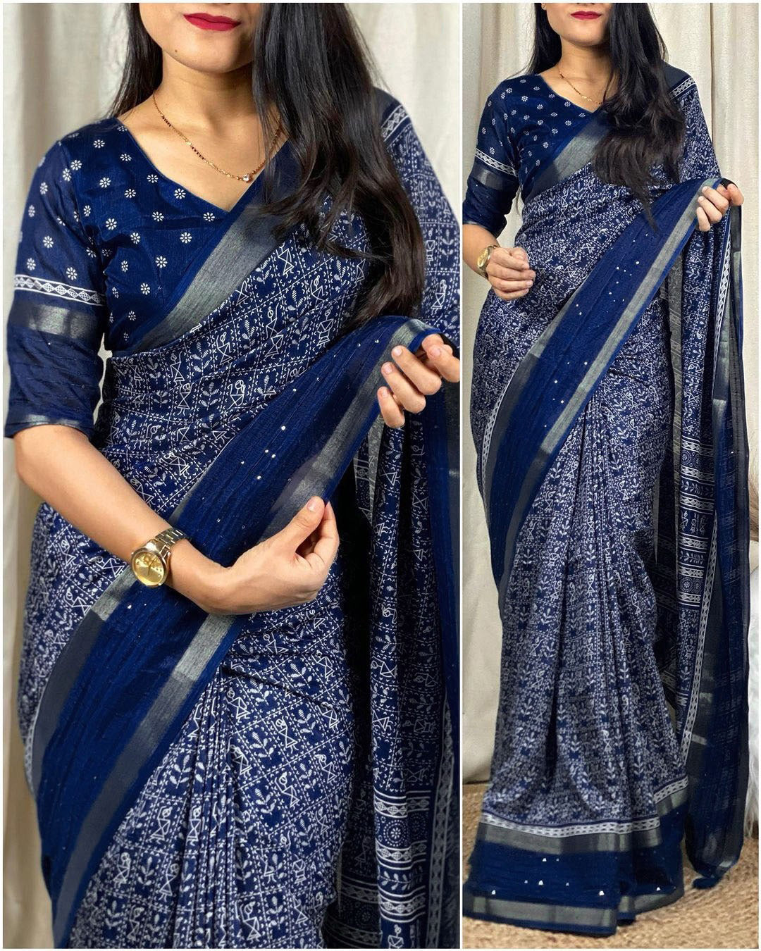 Artistic Blue Digital Printed Dola Silk Saree With Evanescent Blouse Piece - thelotusfab