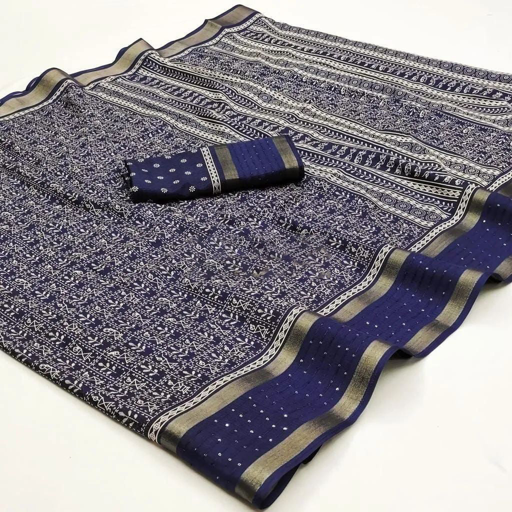 Artistic Blue Digital Printed Dola Silk Saree With Evanescent Blouse Piece - thelotusfab