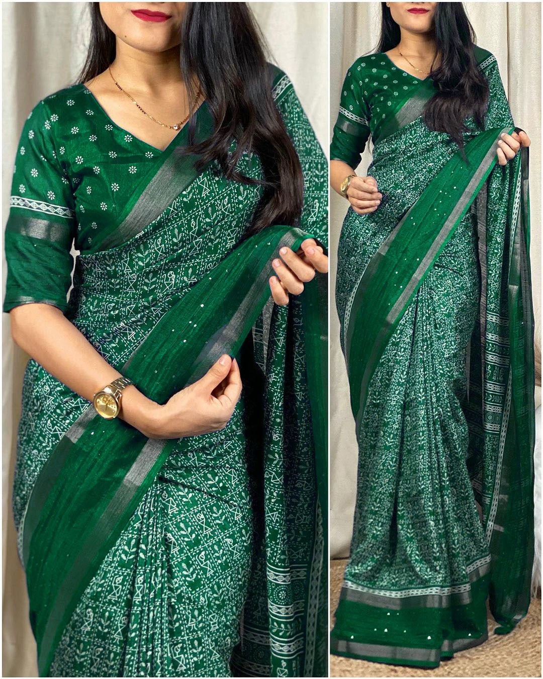 Imaginative Dark Green Digital Printed Dola Silk Saree With Demesne Blouse Piece - thelotusfab