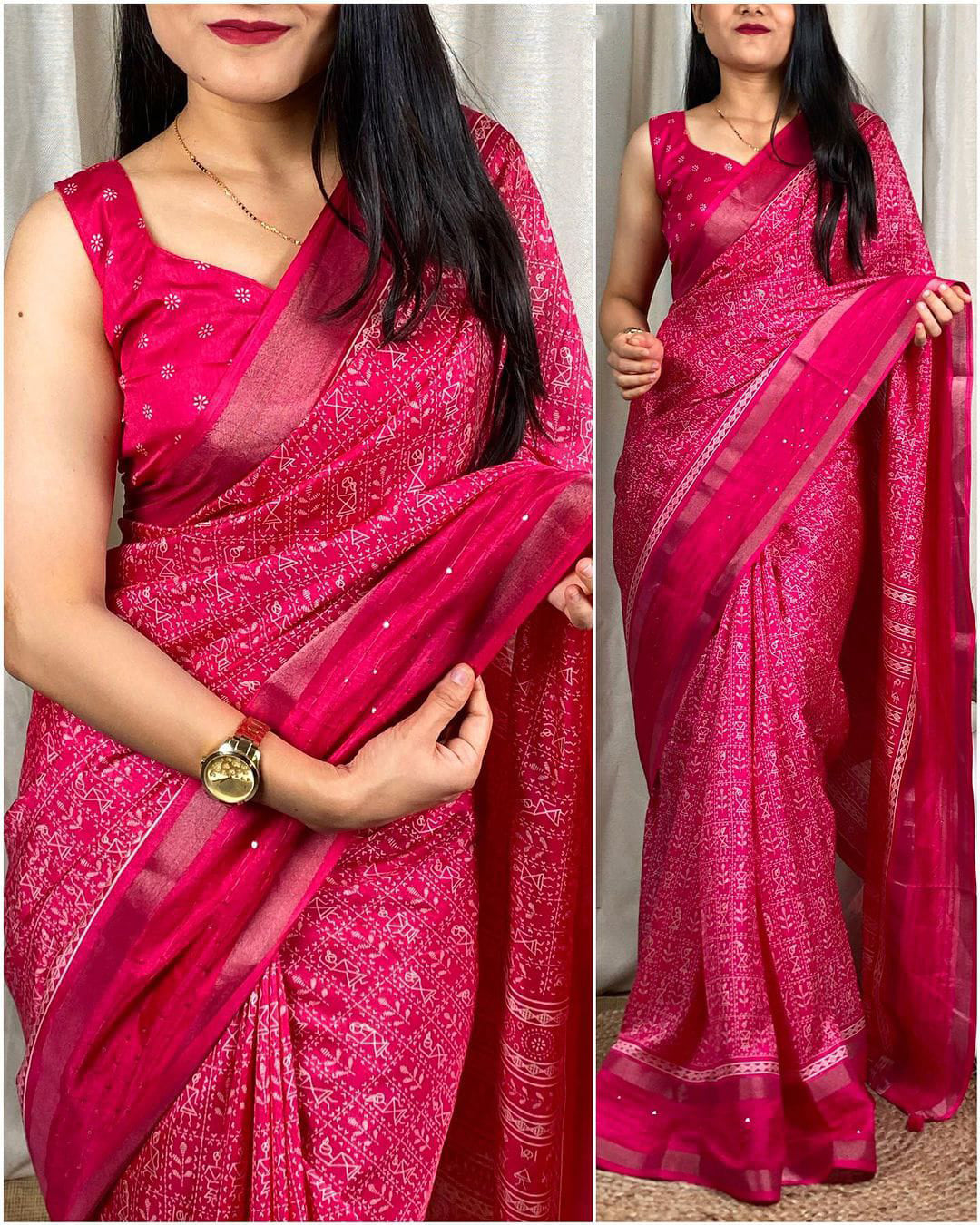 Profuse Dark Pink Digital Printed Dola Silk Saree With Exquisite Blouse Piece - thelotusfab