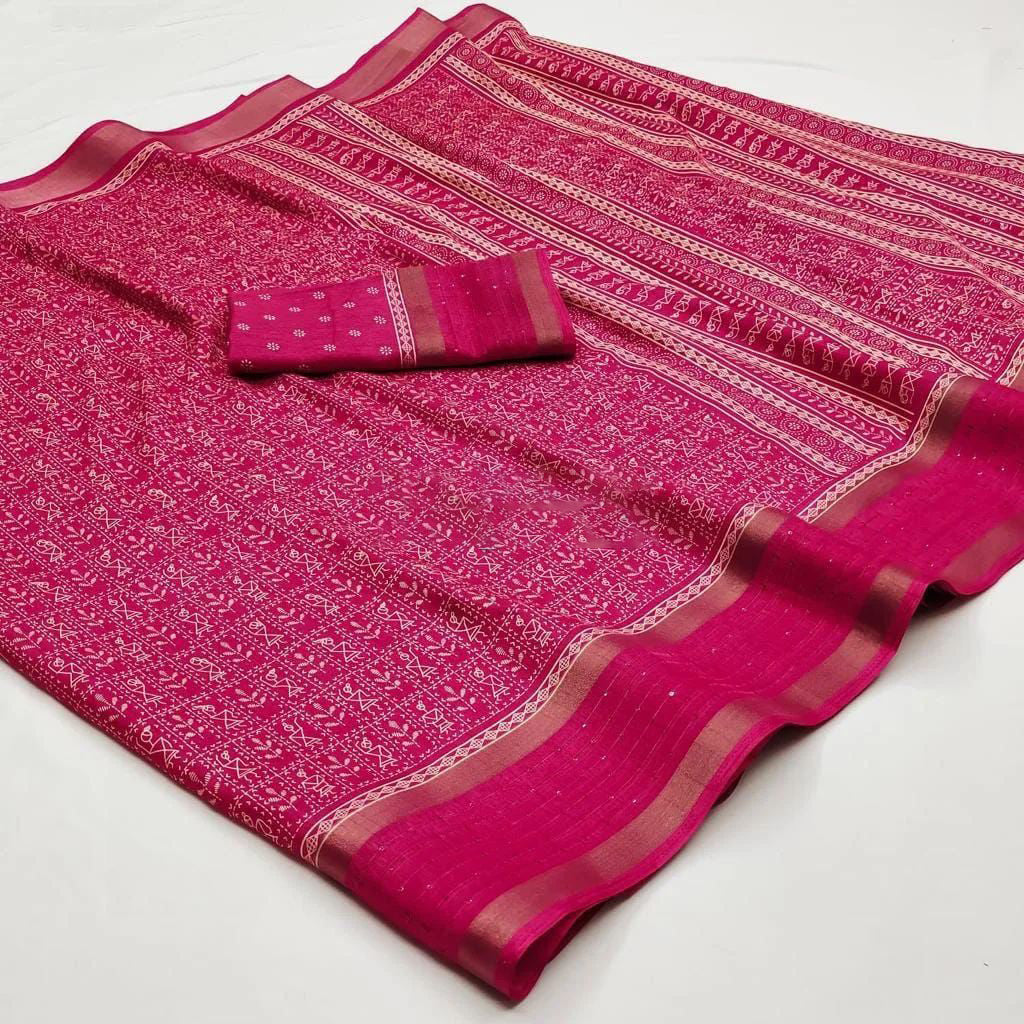 Profuse Dark Pink Digital Printed Dola Silk Saree With Exquisite Blouse Piece - thelotusfab