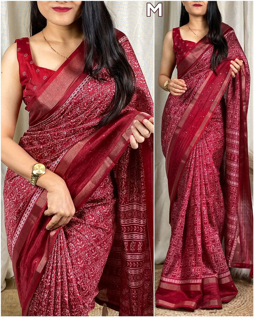 Exuberant Maroon Digital Printed Dola Silk Saree With Arresting Blouse Piece - thelotusfab