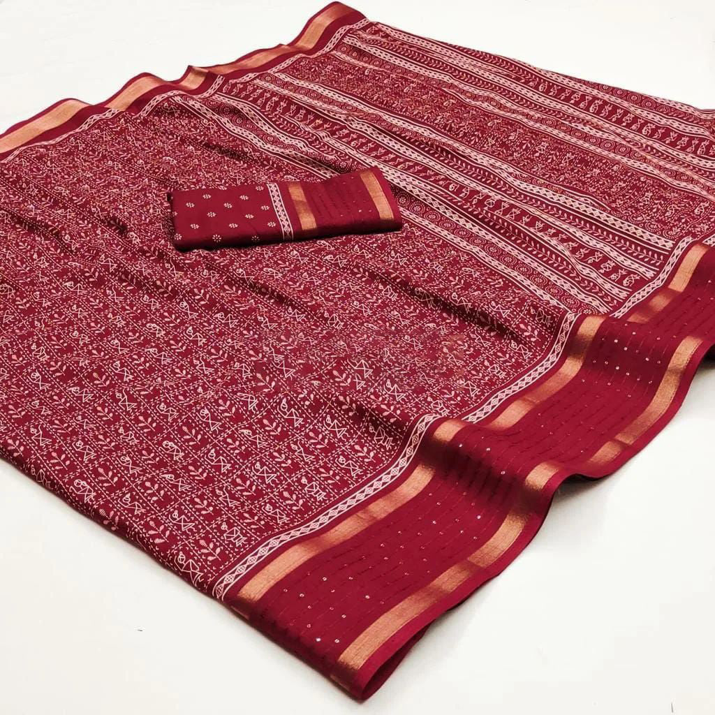 Exuberant Maroon Digital Printed Dola Silk Saree With Arresting Blouse Piece - thelotusfab