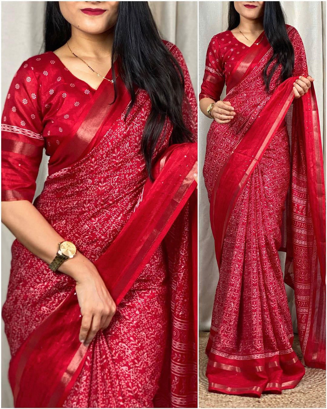 Prodigal Red Digital Printed Dola Silk Saree With Lovely Blouse Piece - thelotusfab