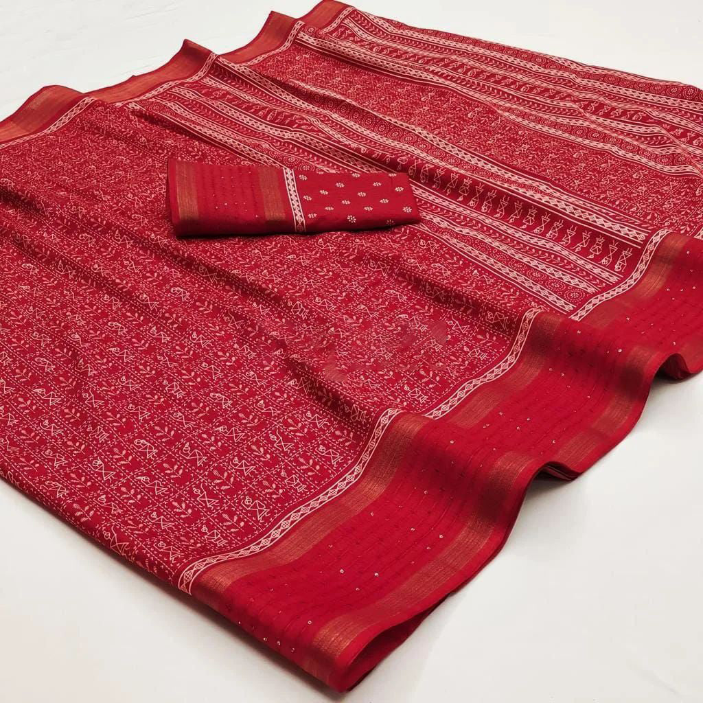 Prodigal Red Digital Printed Dola Silk Saree With Lovely Blouse Piece - thelotusfab